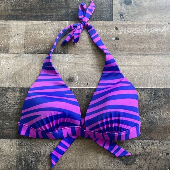 Purple Striped Swim Lined Triangle Halter Bikini Top Size 36DD - Picture 2 of 5